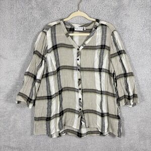 Habitat Linen Blend Plaid Crinkle Gauze V-Neck Button Down‎ Blouse Beige Size L